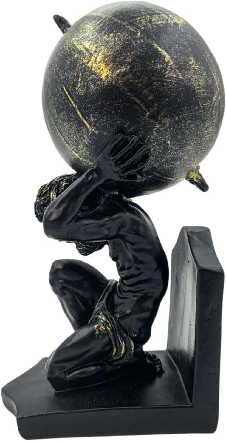 Decorative Sculpture, Atlas Figurine Carrying Globe, Black and Gold, 10 x 6 inches