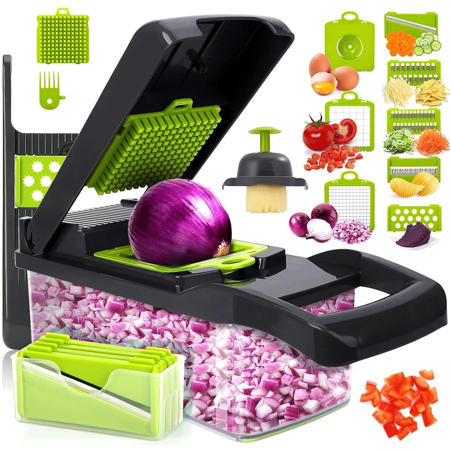 16 in 1 Veggie Slicer Multifunctional Vegetable Chopper Cutter Mandoline Slicer, Versatile Kitchen Tool with Interchangeable Blades, Colander Basket and Storage Container