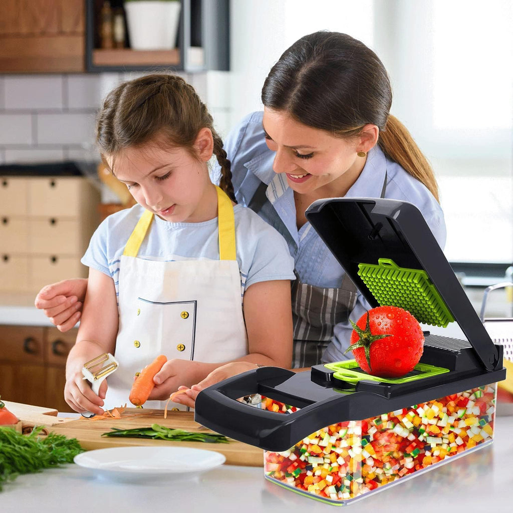16 in 1 Veggie Slicer Multifunctional Vegetable Chopper Cutter Mandoline Slicer, Versatile Kitchen Tool with Interchangeable Blades, Colander Basket and Storage Container
