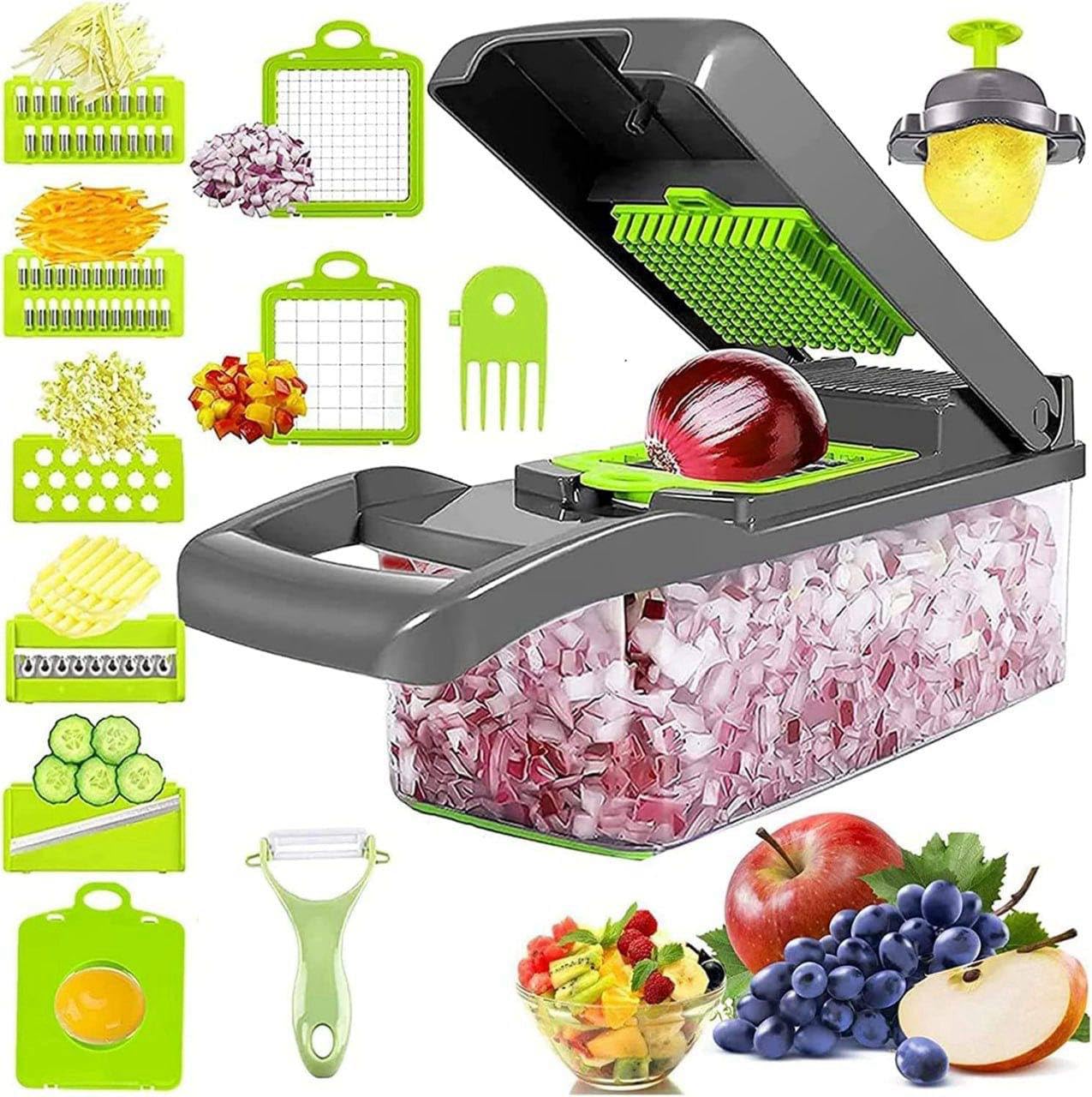 16 in 1 Veggie Slicer Multifunctional Vegetable Chopper Cutter Mandoline Slicer, Versatile Kitchen Tool with Interchangeable Blades, Colander Basket and Storage Container
