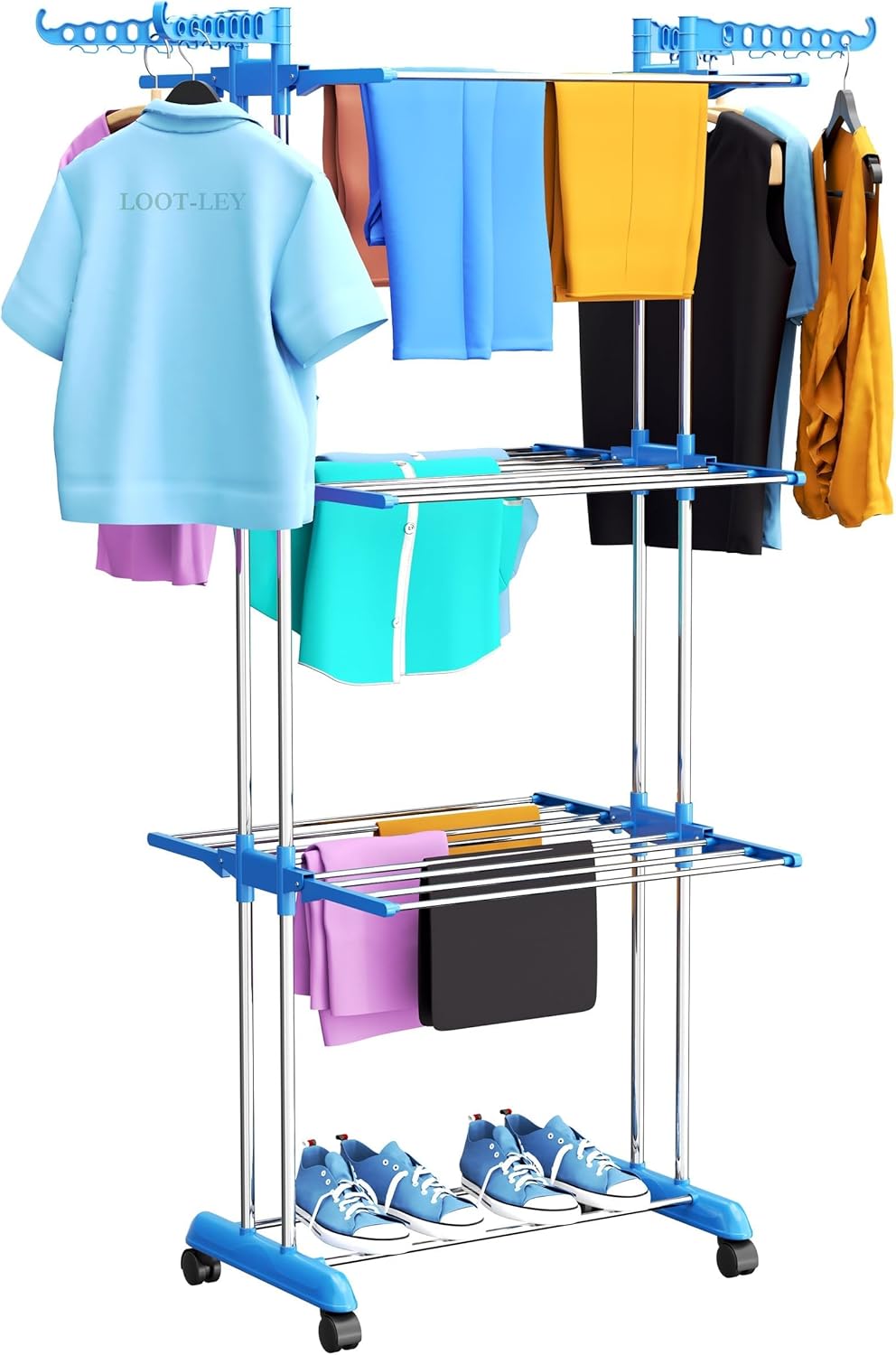 MOMENT 3 Layer Heavy Duty Stainless Steel Foldable Cloth Drying Stand/Clothes Stand for Drying/Cloth Stand/Clothes Dryer/Laundry Racks with Wheels
