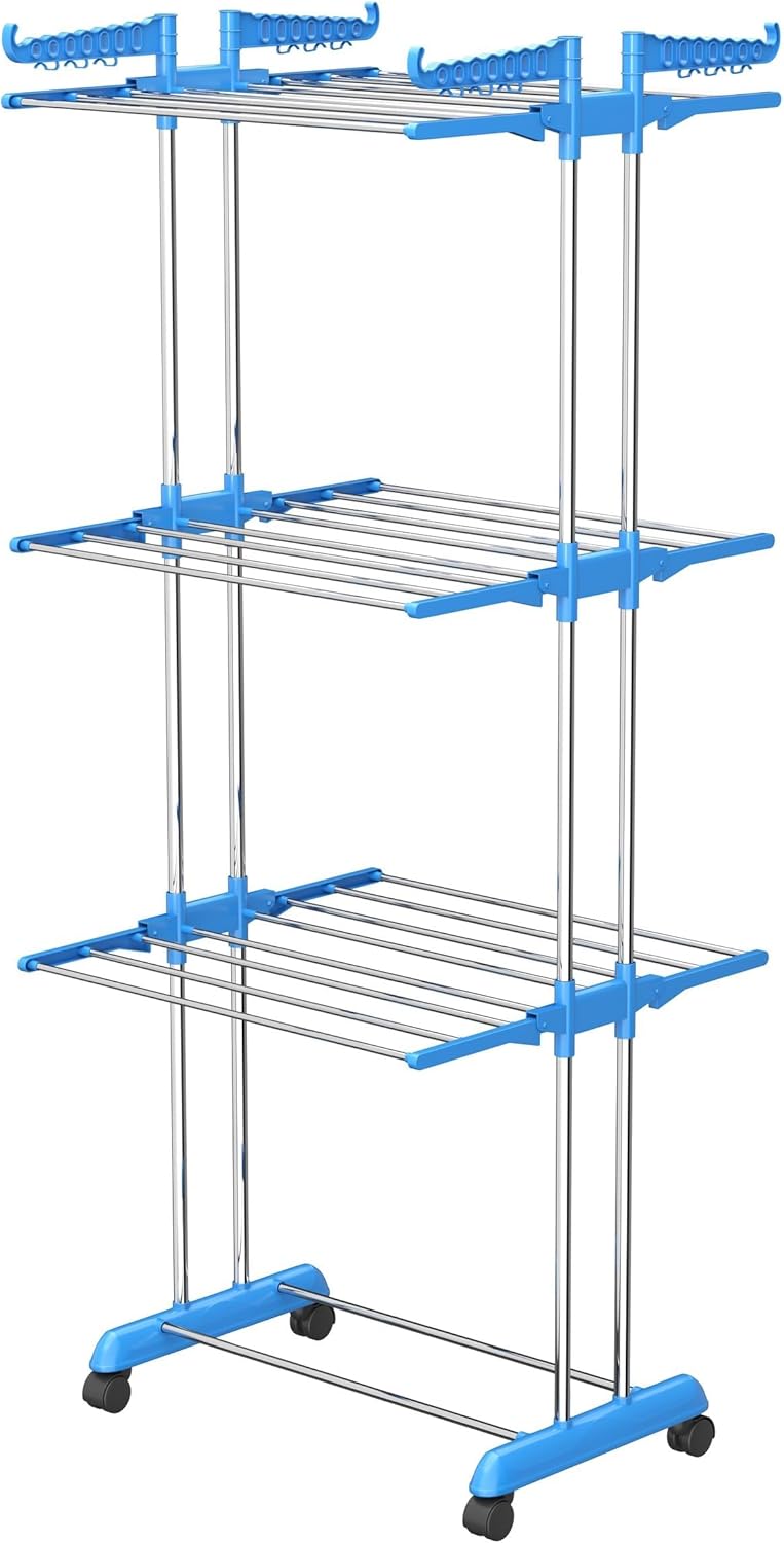 MOMENT 3 Layer Heavy Duty Stainless Steel Foldable Cloth Drying Stand/Clothes Stand for Drying/Cloth Stand/Clothes Dryer/Laundry Racks with Wheels