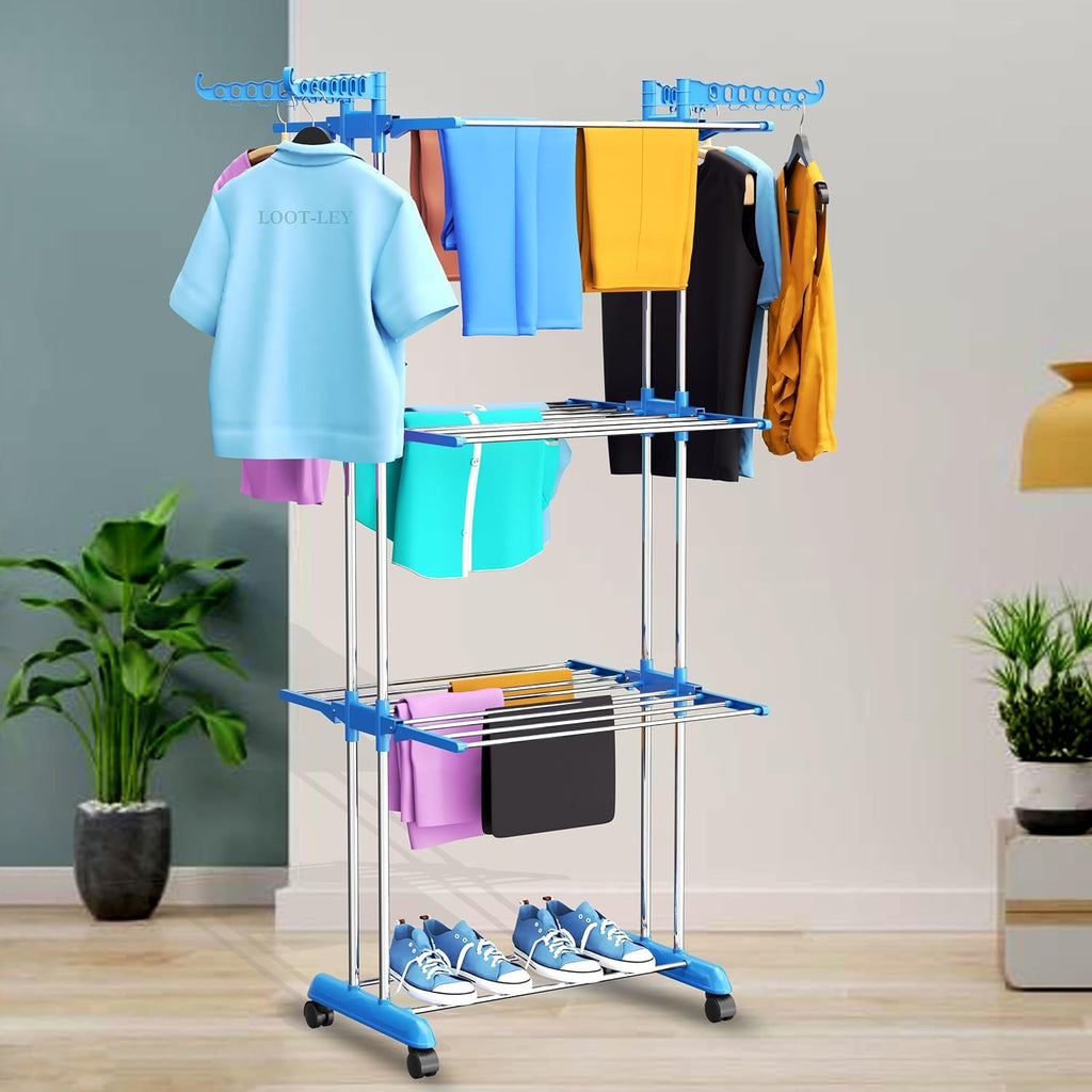 MOMENT 3 Layer Heavy Duty Stainless Steel Foldable Cloth Drying Stand/Clothes Stand for Drying/Cloth Stand/Clothes Dryer/Laundry Racks with Wheels