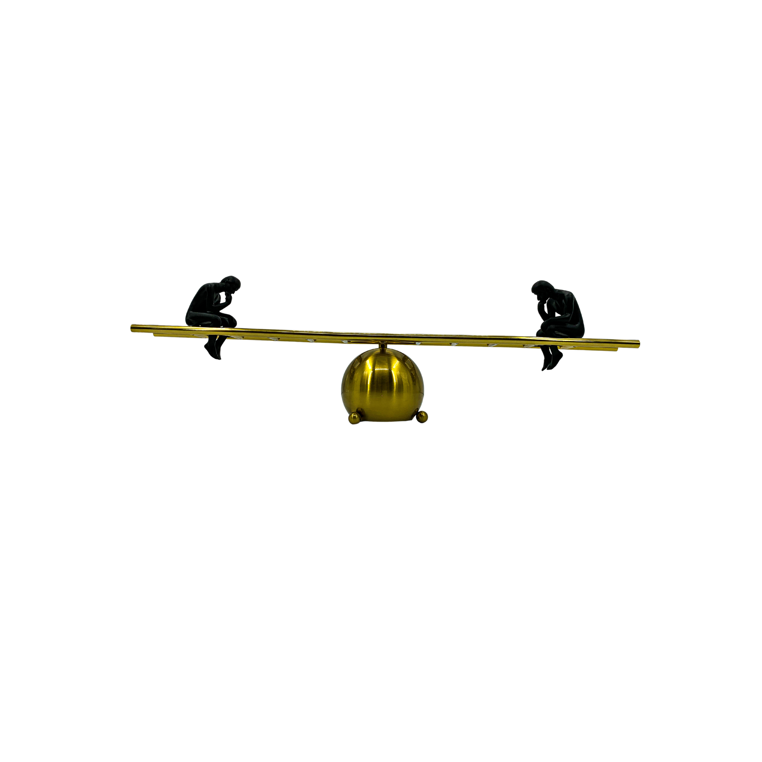 Balancing Sculpture, Metallic Gold and Black Figures on Wooden Beam