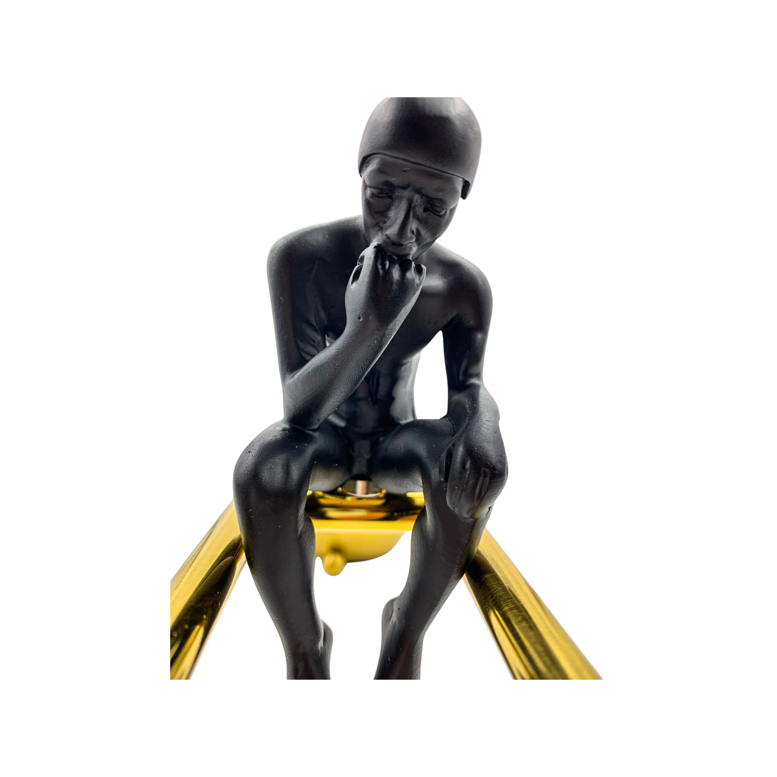 Balancing Sculpture, Metallic Gold and Black Figures on Wooden Beam