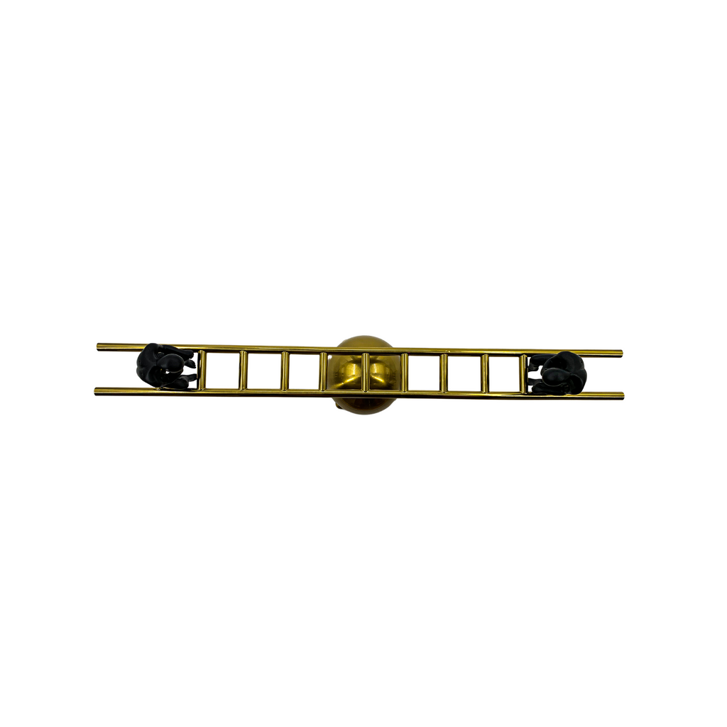 Balancing Sculpture, Metallic Gold and Black Figures on Wooden Beam