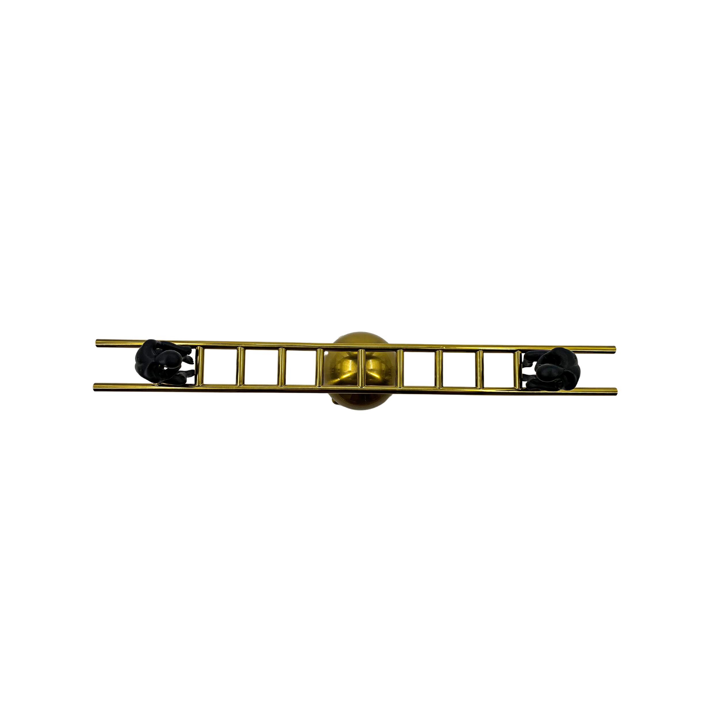 Balancing Sculpture, Metallic Gold and Black Figures on Wooden Beam