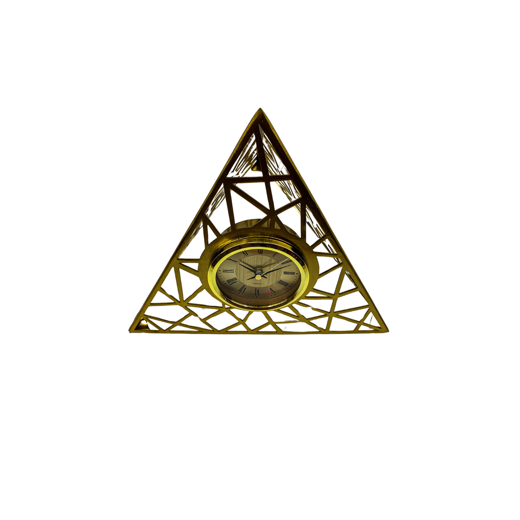Decorative Pyramid Tabletop Clock, Geometric Metal Frame, 12 inches