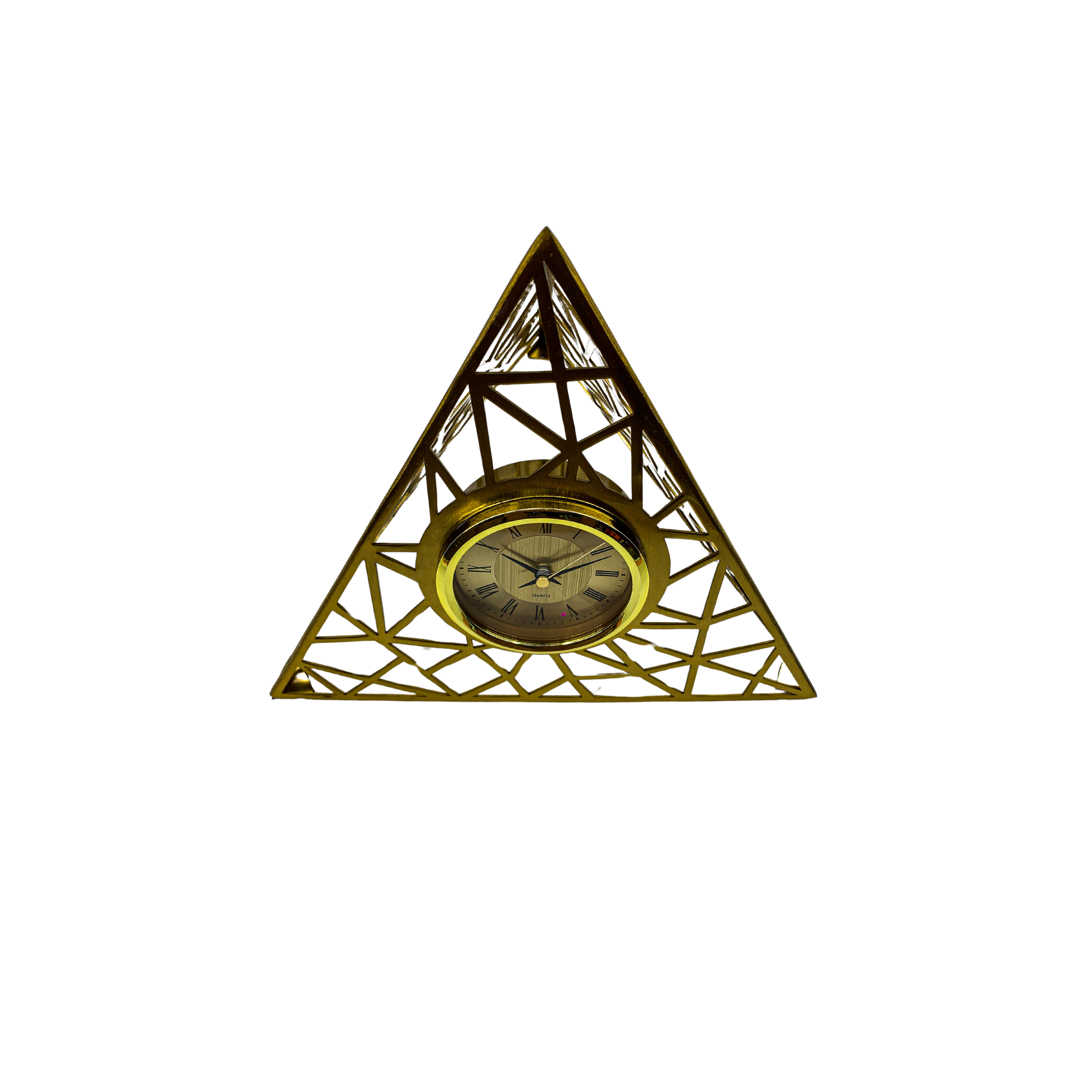 Decorative Pyramid Tabletop Clock, Geometric Metal Frame, 12 inches