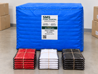 Large square blue woven bulk package with stitched top and SMS warehouse label for John Wick, beside separate red, white and black polo bundles